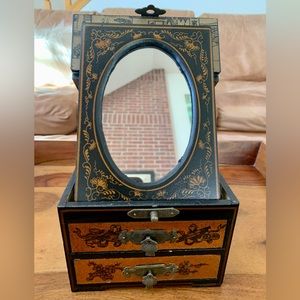 Antique Scenic Hand Painted Asian Jewelry Box With Mirror Inset